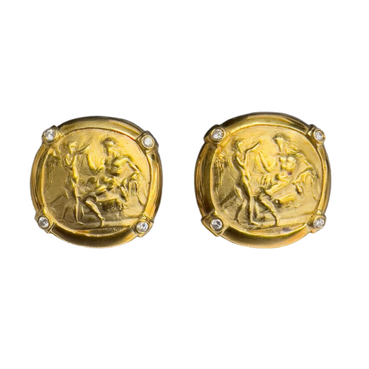 1980's Athena Greek Cameo 18k Yellow Gold Diamond Clip On Earrings 0.30ctw G VS