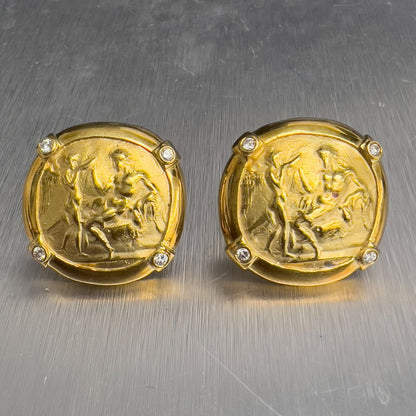 1980's Athena Greek Cameo 18k Yellow Gold Diamond Clip On Earrings 0.30ctw G VS