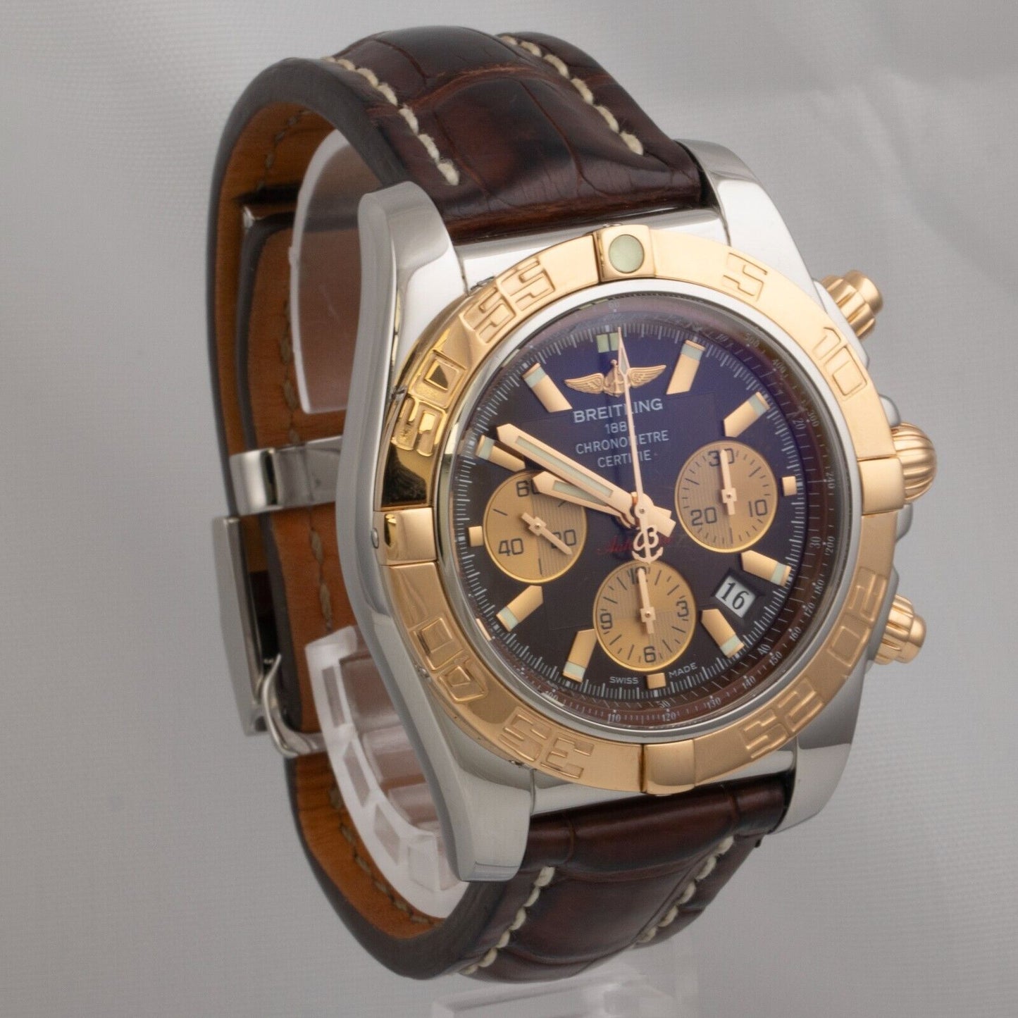 Breitling Chronomat 2 Tone 18k Rose Gold Stainless Brown 44mm Watch CB0110 BOX