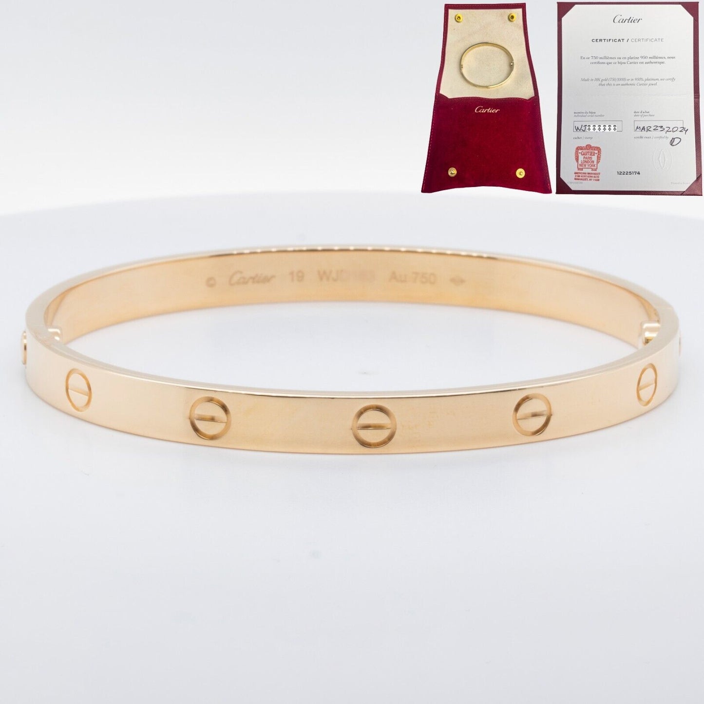 2024 NEW STYLE Cartier Love 18k Yellow Gold Bangle Bracelet Size 19 POUCH & CERT