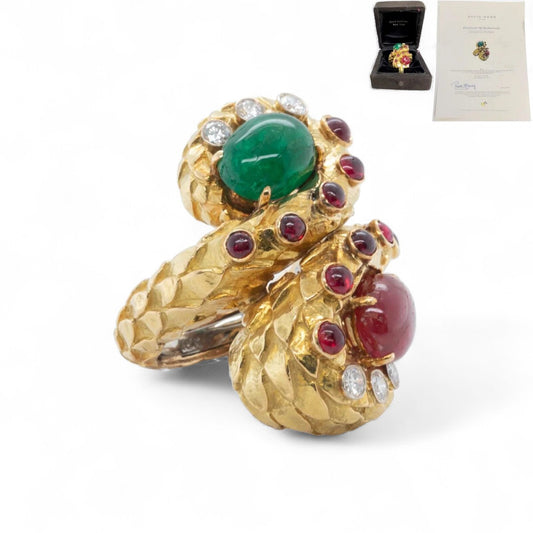 David Webb 18k Yellow Gold & Platinum Cabochon Emerald Ruby Diamond Ring sz 6.5