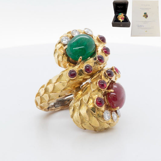 David Webb 18k Yellow Gold & Platinum Cabochon Emerald Ruby Diamond Ring sz 6.5