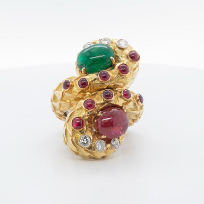 David Webb 18k Yellow Gold & Platinum Cabochon Emerald Ruby Diamond Ring sz 6.5