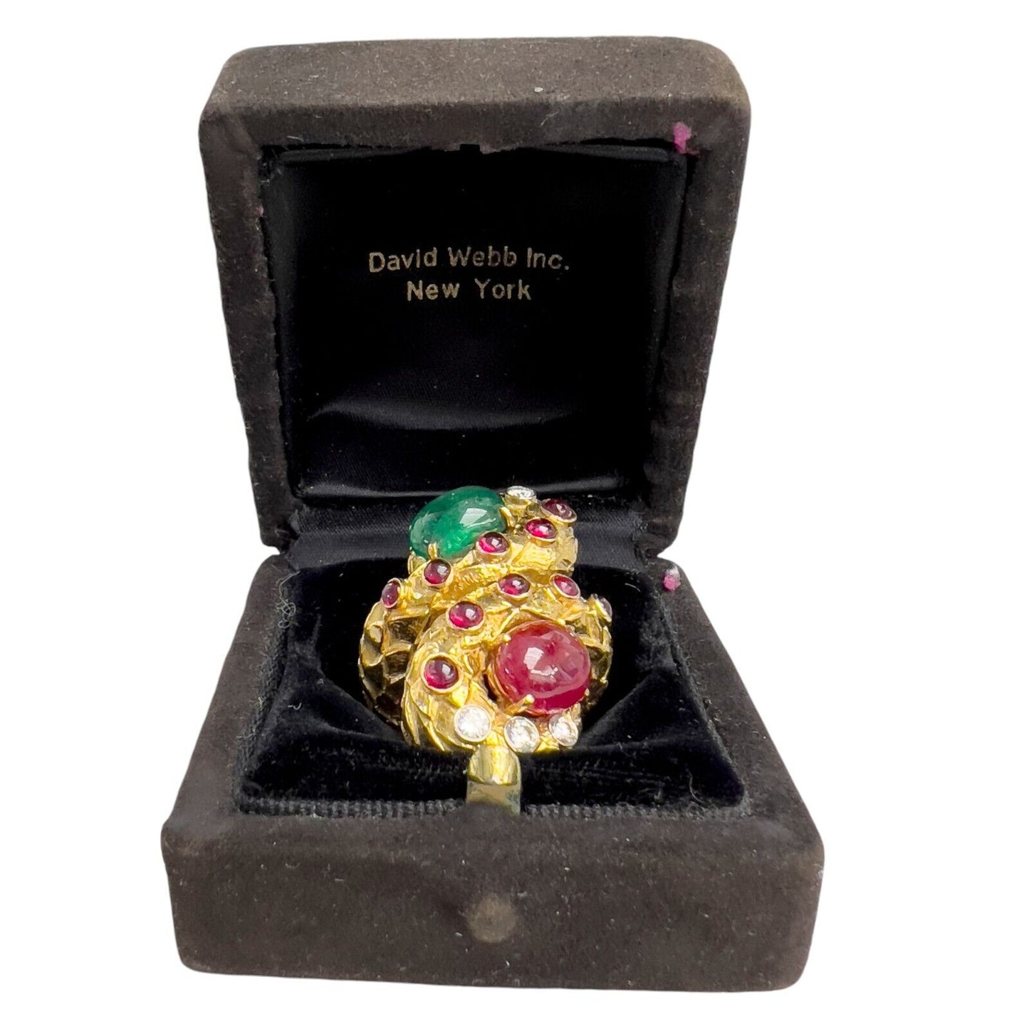 David Webb 18k Yellow Gold & Platinum Cabochon Emerald Ruby Diamond Ring sz 6.5