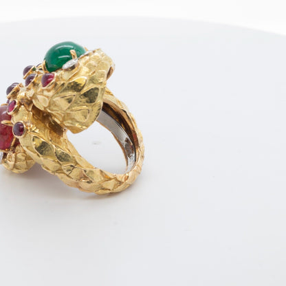 David Webb 18k Yellow Gold & Platinum Cabochon Emerald Ruby Diamond Ring sz 6.5