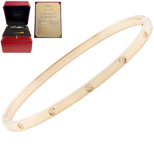 Cartier Love Small 18k Yellow Gold 10 Diamond Bangle Bracelet Size 19 BOX CERT