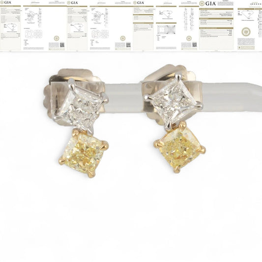 GIA 14k White / Yellow Gold Square & Cushion Diamond Stud Earrings 4.18ctw