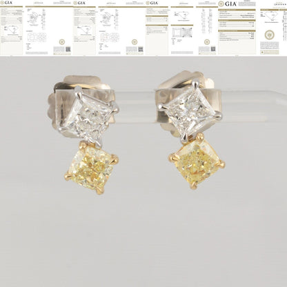 GIA 14k White / Yellow Gold Square & Cushion Diamond Stud Earrings 4.18ctw