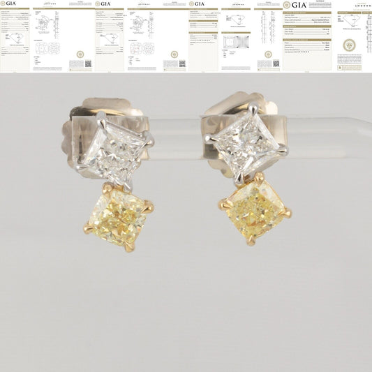 GIA 14k White / Yellow Gold Square & Cushion Diamond Stud Earrings 4.18ctw