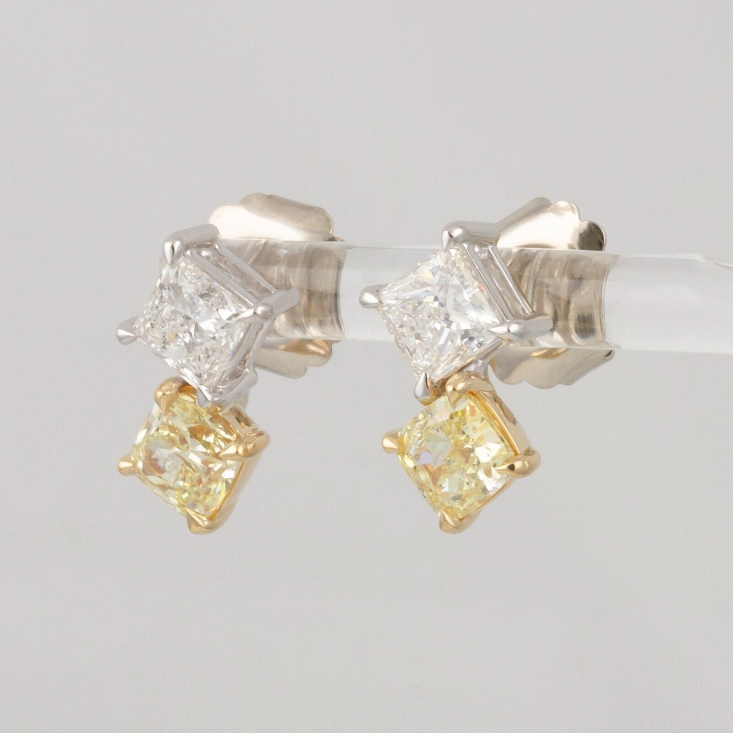 GIA 14k White / Yellow Gold Square & Cushion Diamond Stud Earrings 4.18ctw