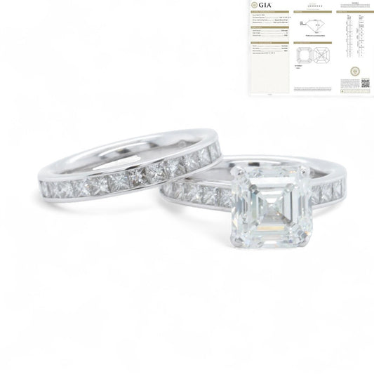 GIA Platinum Square EMC Diamond Engagement & Wedding Ring Set 4.48ctw Size 5