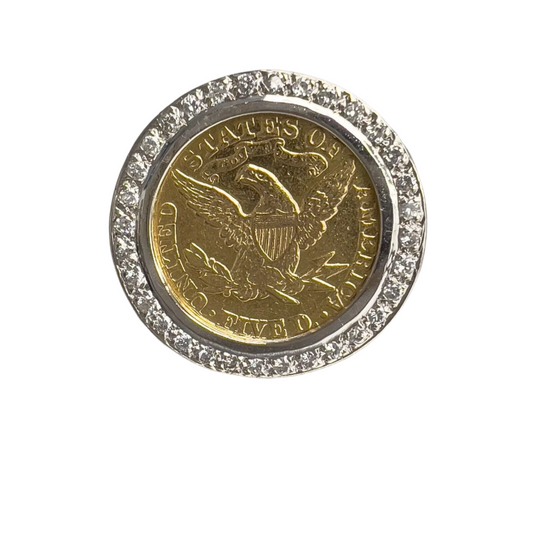 14k Gold 1880 Liberty Head $5 Half Eagle Coin Diamond Halo 0.50ctw H SI1 Ring