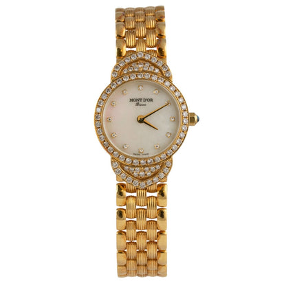 Mont D'or Bienne 18k Yellow Gold Diamond Bezel MOP White Dial 23.5mm Watch