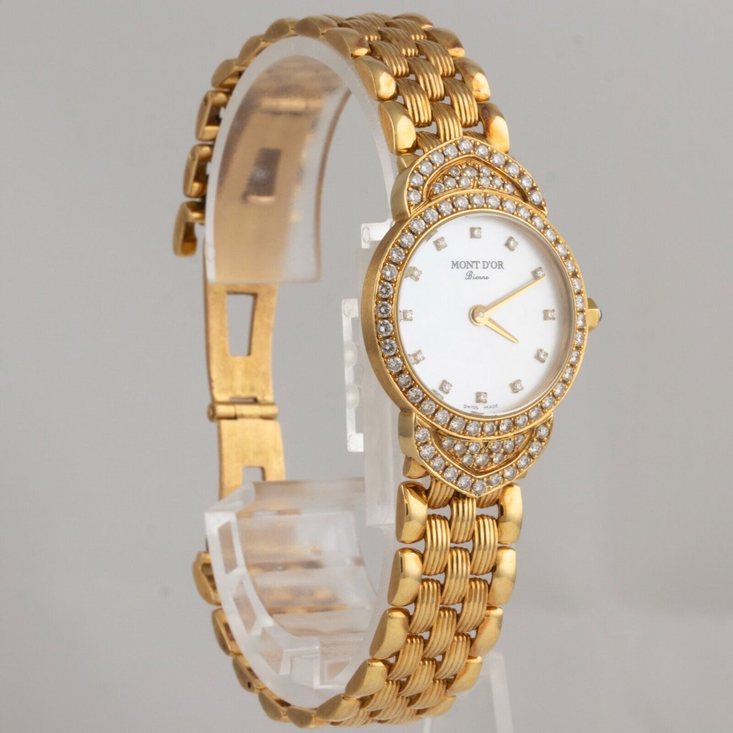 Mont D'or Bienne 18k Yellow Gold Diamond Bezel MOP White Dial 23.5mm Watch