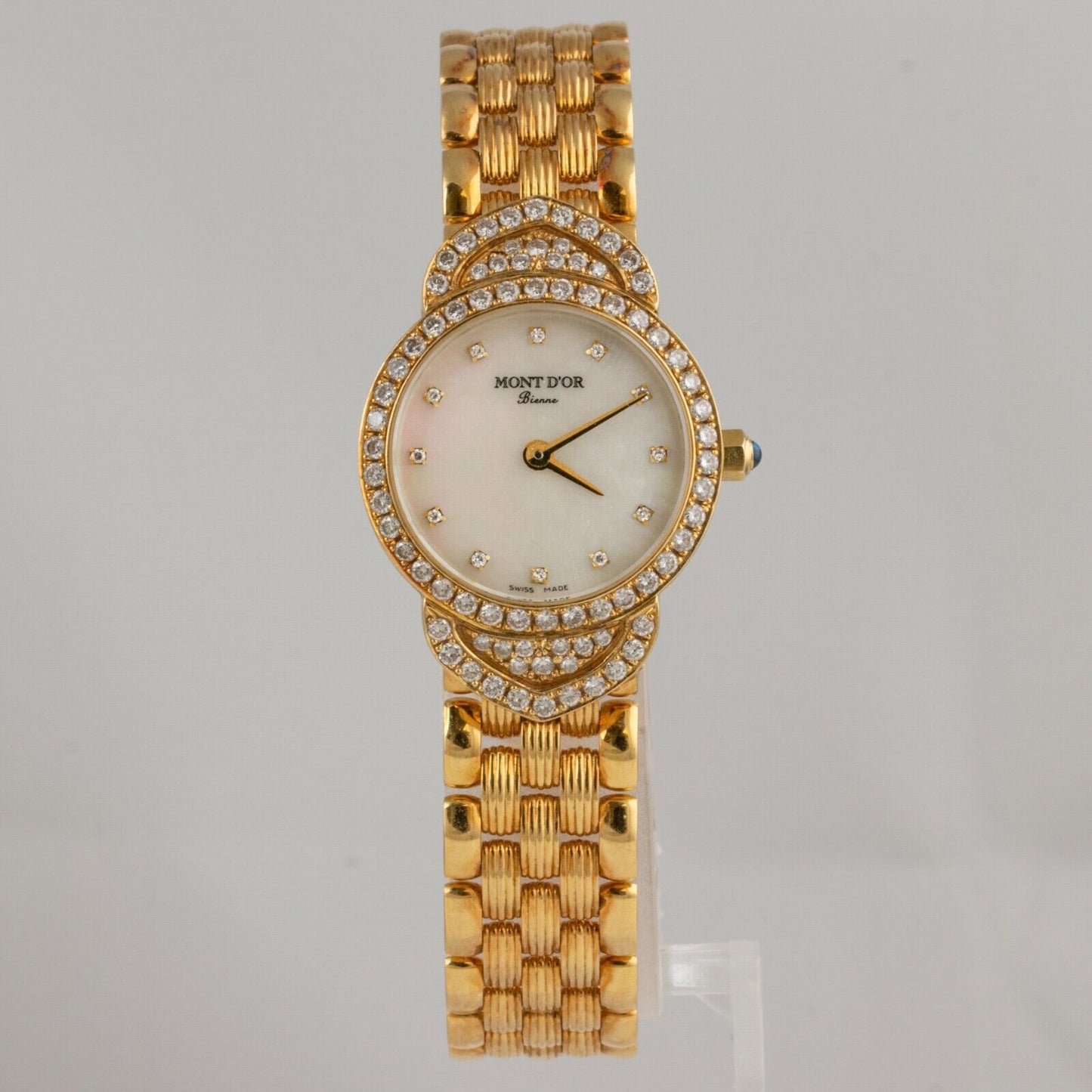 Mont D'or Bienne 18k Yellow Gold Diamond Bezel MOP White Dial 23.5mm Watch