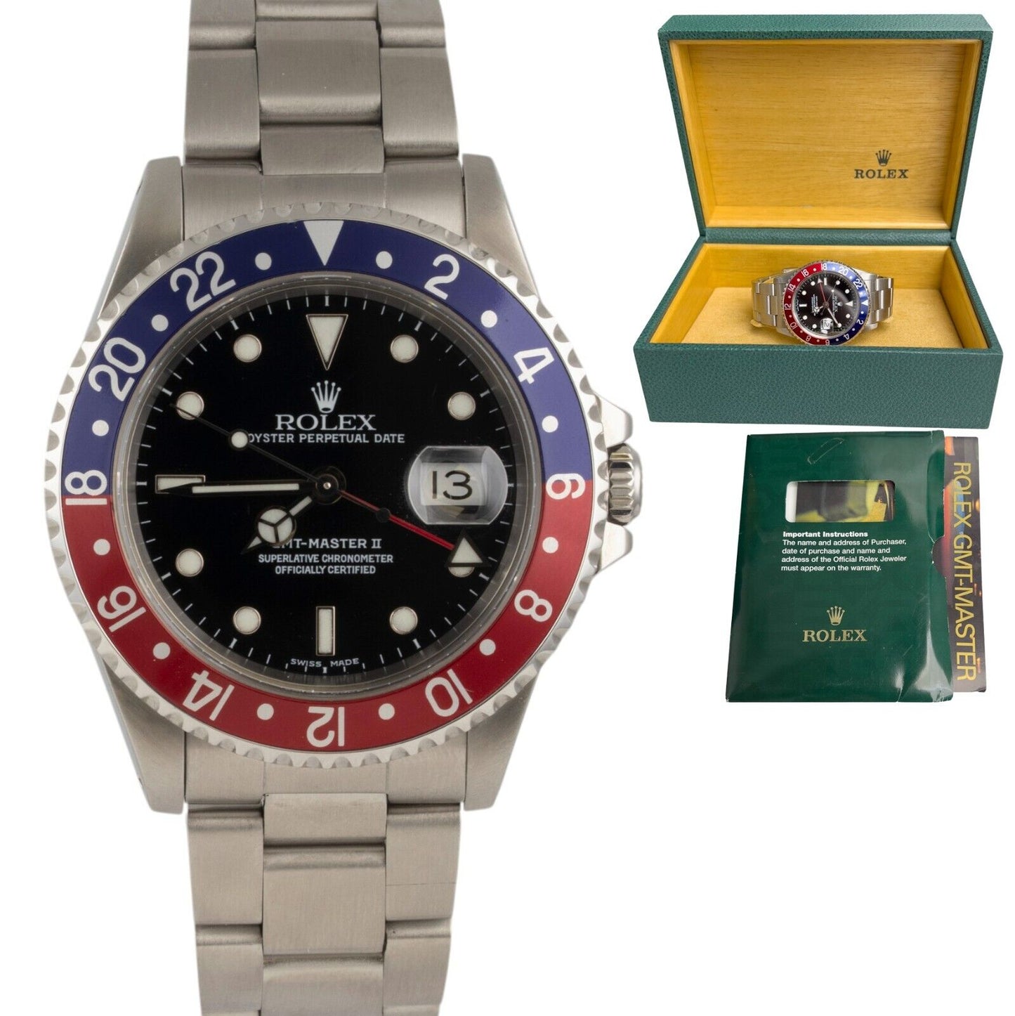 2001 Rolex GMT-Master II PEPSI 16710 Stainless Steel Blue Red Watch BOX & BOOK