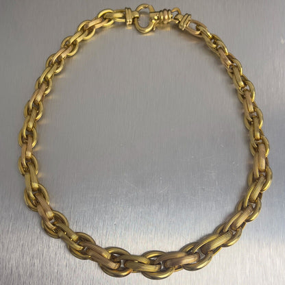 Two Tone 18k Yellow & Rose Gold Oval Smooth & Textured Link Choker Necklace 15"