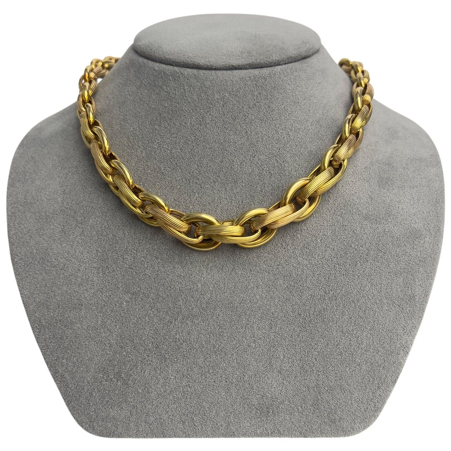 Two Tone 18k Yellow & Rose Gold Oval Smooth & Textured Link Choker Necklace 15"