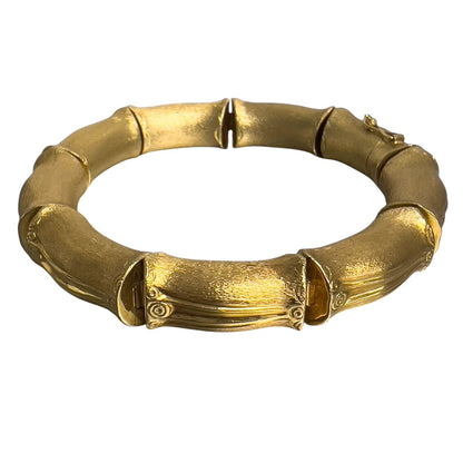 18k Yellow Gold Chunky Bamboo Link Florentine Finish Bracelet Size 7.00" 33.8g