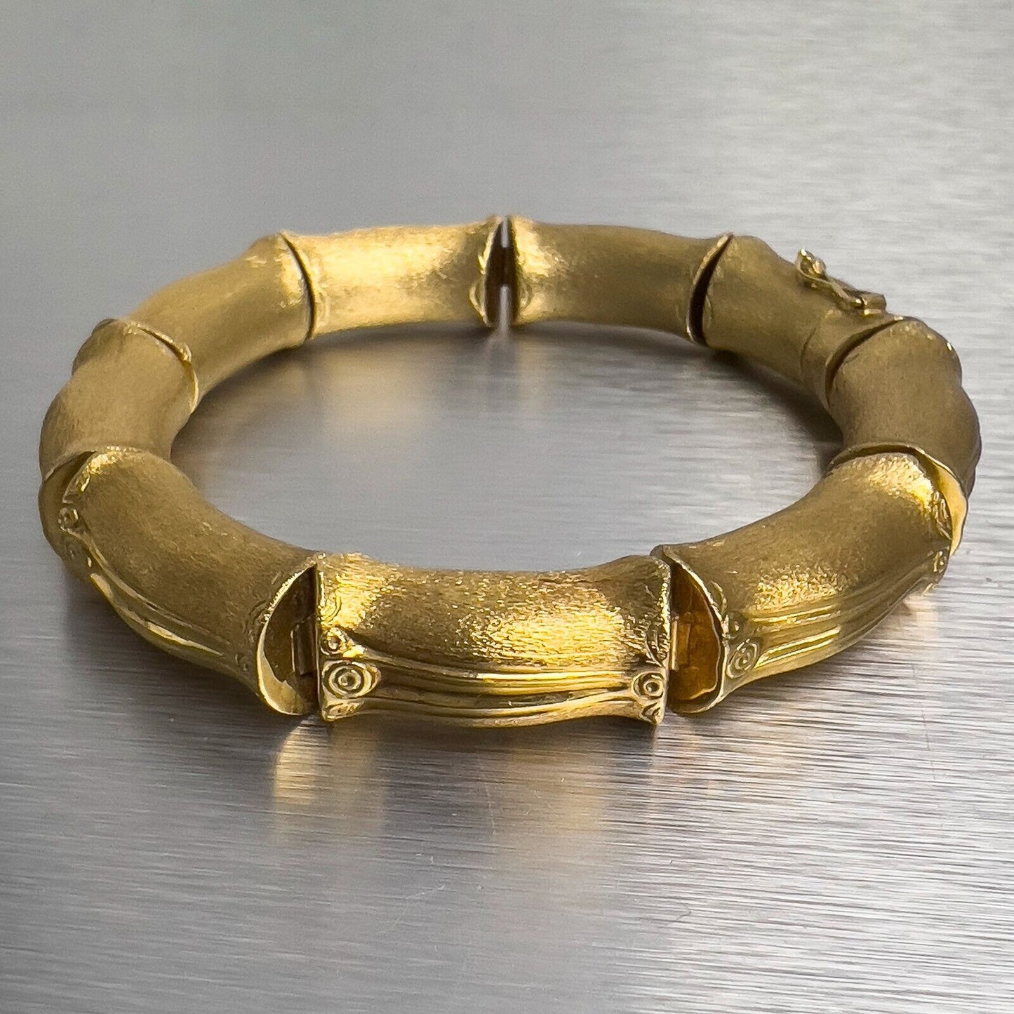 18k Yellow Gold Chunky Bamboo Link Florentine Finish Bracelet Size 7.00" 33.8g