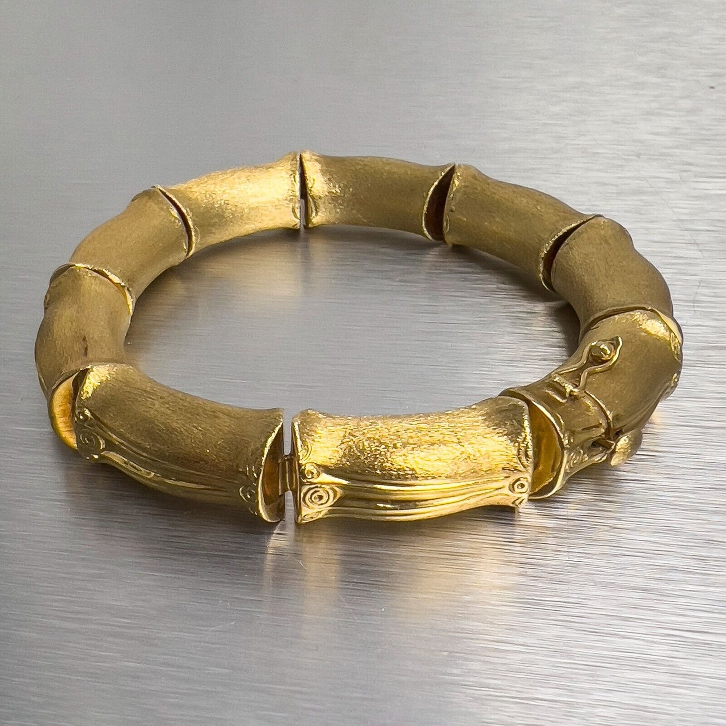 18k Yellow Gold Chunky Bamboo Link Florentine Finish Bracelet Size 7.00" 33.8g