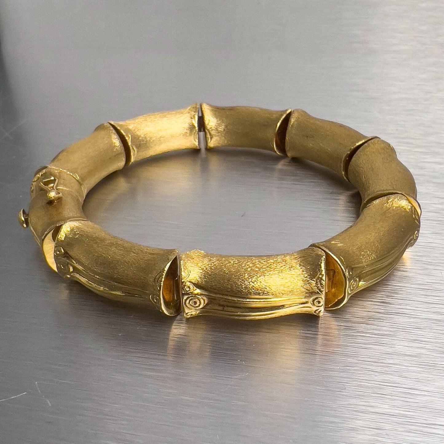 18k Yellow Gold Chunky Bamboo Link Florentine Finish Bracelet Size 7.00" 33.8g