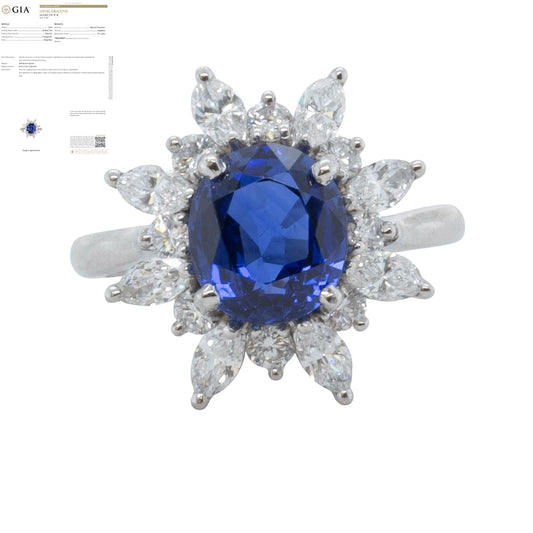 Platinum 950 3.21ct GIA Oval Sri Lanka Sapphire Marquise Diamond Halo Ring F VS