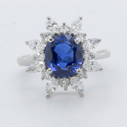 Platinum 950 3.21ct GIA Oval Sri Lanka Sapphire Marquise Diamond Halo Ring F VS