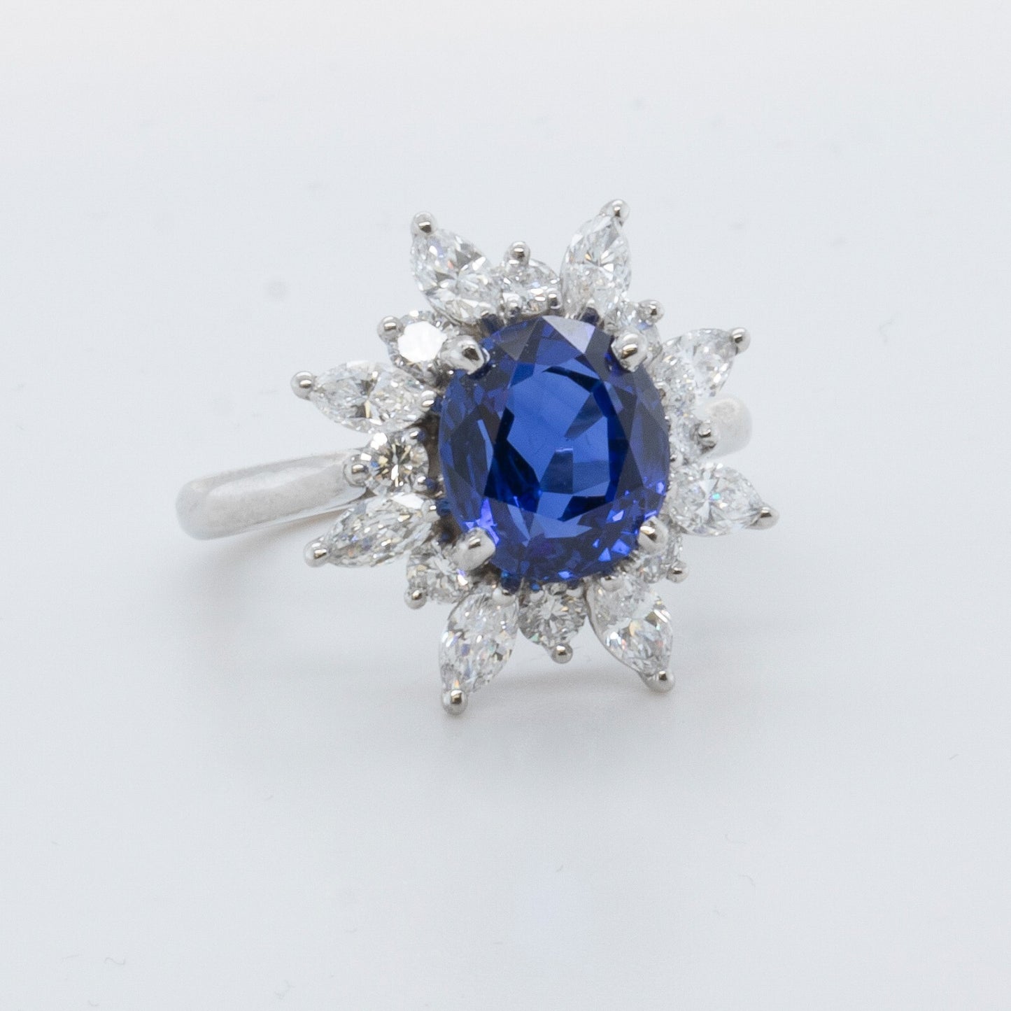 Platinum 950 3.21ct GIA Oval Sri Lanka Sapphire Marquise Diamond Halo Ring F VS