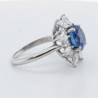 Platinum 950 3.21ct GIA Oval Sri Lanka Sapphire Marquise Diamond Halo Ring F VS