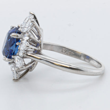 Platinum 950 3.21ct GIA Oval Sri Lanka Sapphire Marquise Diamond Halo Ring F VS