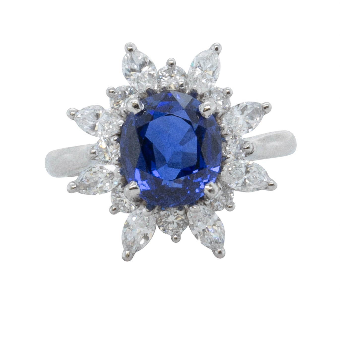 Platinum 950 3.21ct GIA Oval Sri Lanka Sapphire Marquise Diamond Halo Ring F VS