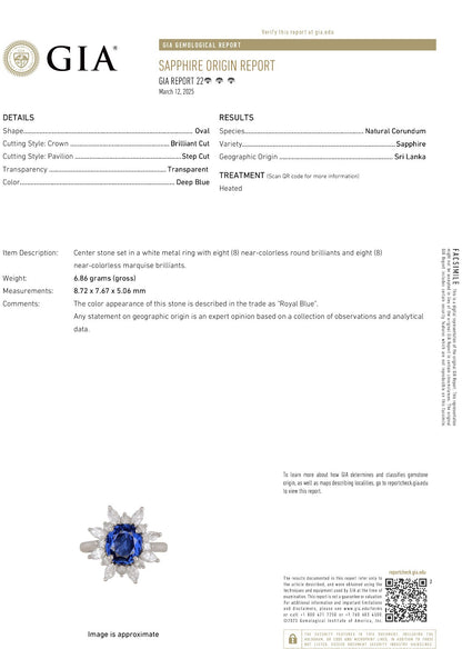 Platinum 950 3.21ct GIA Oval Sri Lanka Sapphire Marquise Diamond Halo Ring F VS
