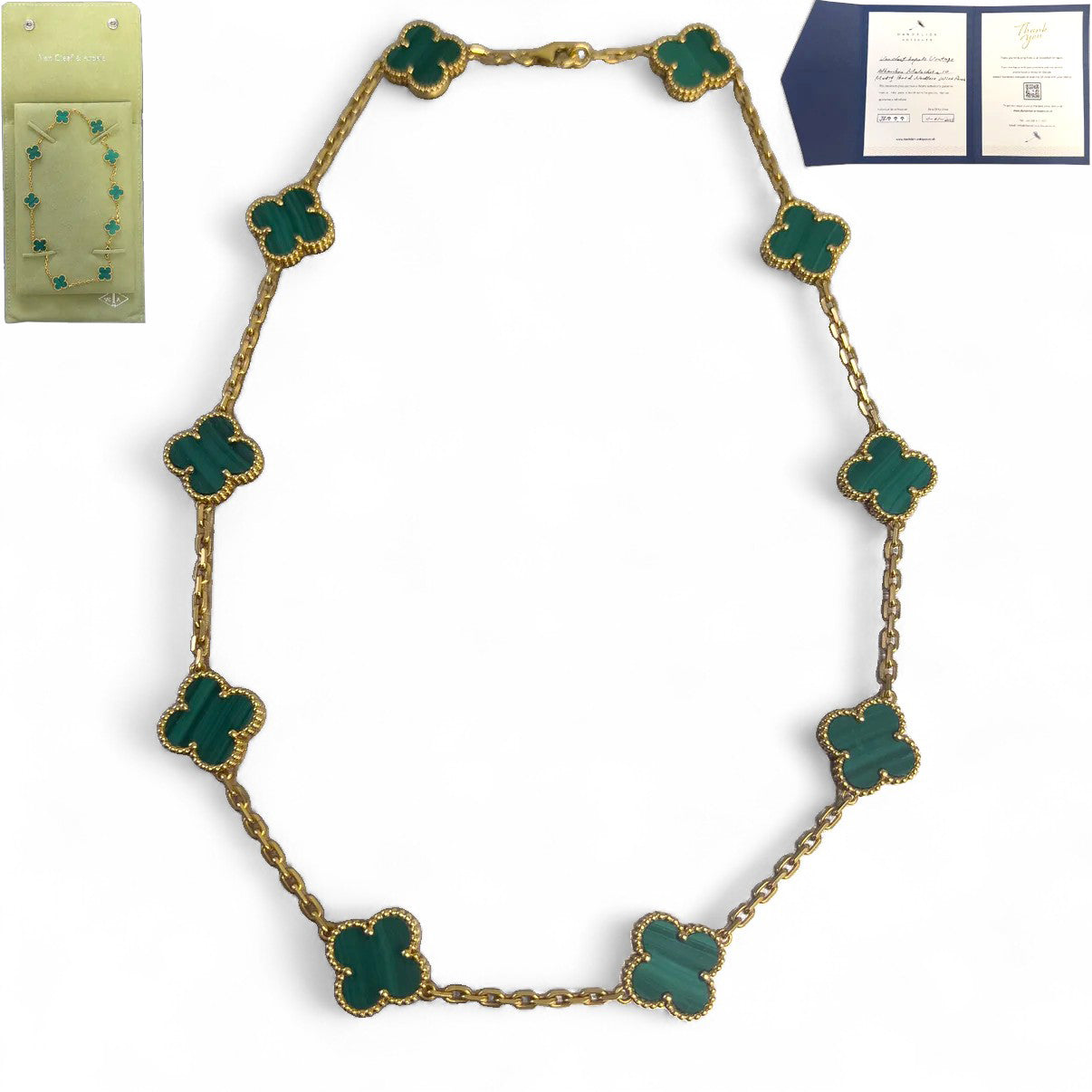 Van Cleef Arpels Malachite 10 Motif Vintage Alhambra 18k Gold Necklace 17" POUCH