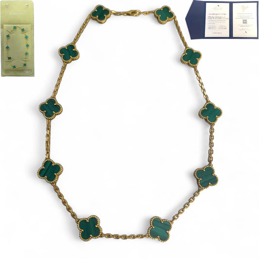 Van Cleef Arpels Malachite 10 Motif Vintage Alhambra 18k Gold Necklace 17" POUCH