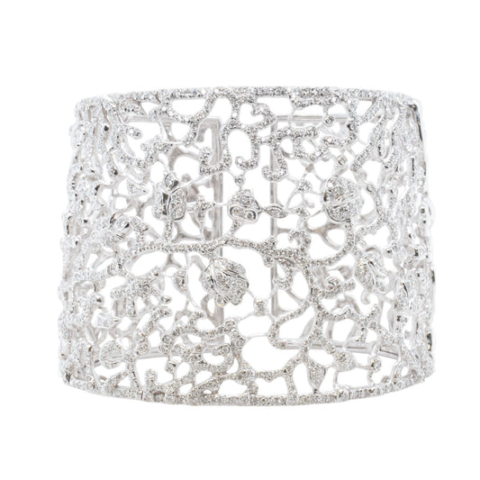 18k White Gold Diamond Floral Leaf Vine Cuff Bracelet 2.50ctw G VS 100g SZ 6.5"