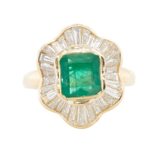 18k Yellow Gold 1.94ct Emerald Cut Emerald & Baguette Diamond Halo Ring 1.76ctw