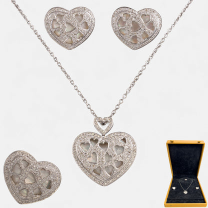 18k White Gold Pave Diamond Heart Necklace Ring Earrings Set 2.56ctw H-I SI2-I1