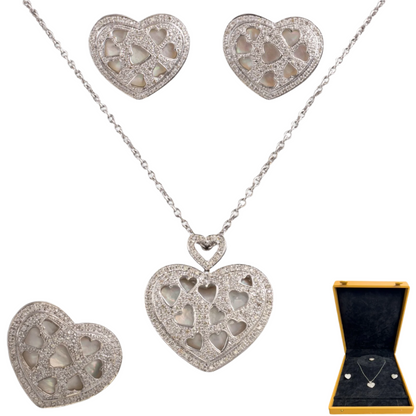 18k White Gold Pave Diamond Heart Necklace Ring Earrings Set 2.56ctw H-I SI2-I1