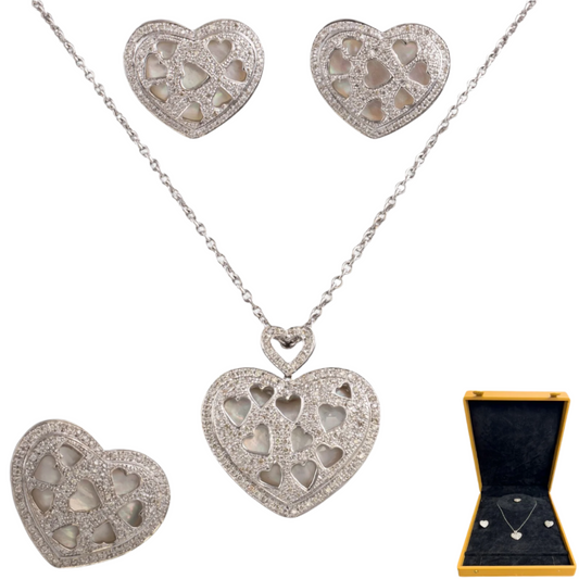 18k White Gold Pave Diamond Heart Necklace Ring Earrings Set 2.56ctw H-I SI2-I1