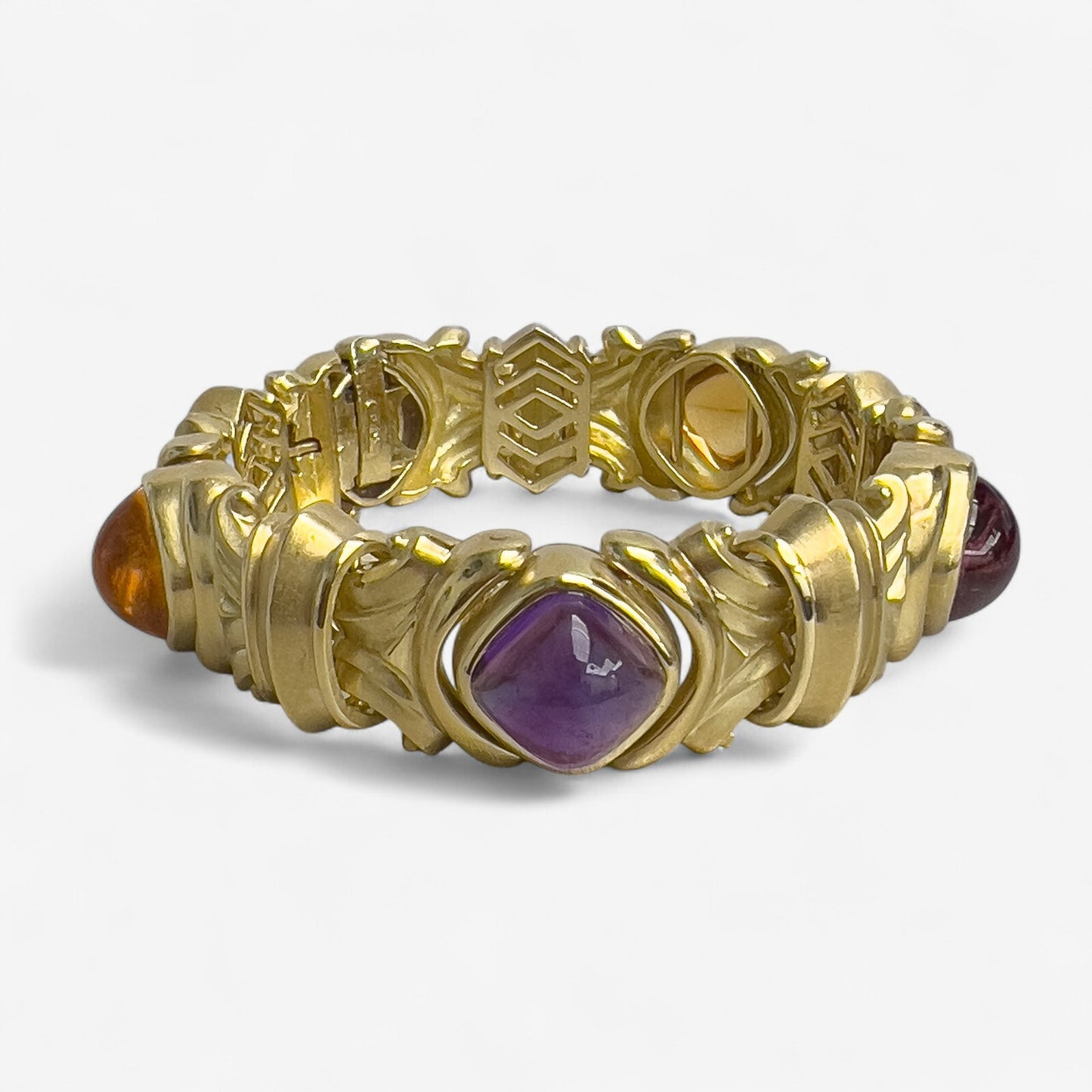 18k Yellow Gold Cabochon Tourmaline Amethyst Topaz Chunky Link Bracelet HEAVY