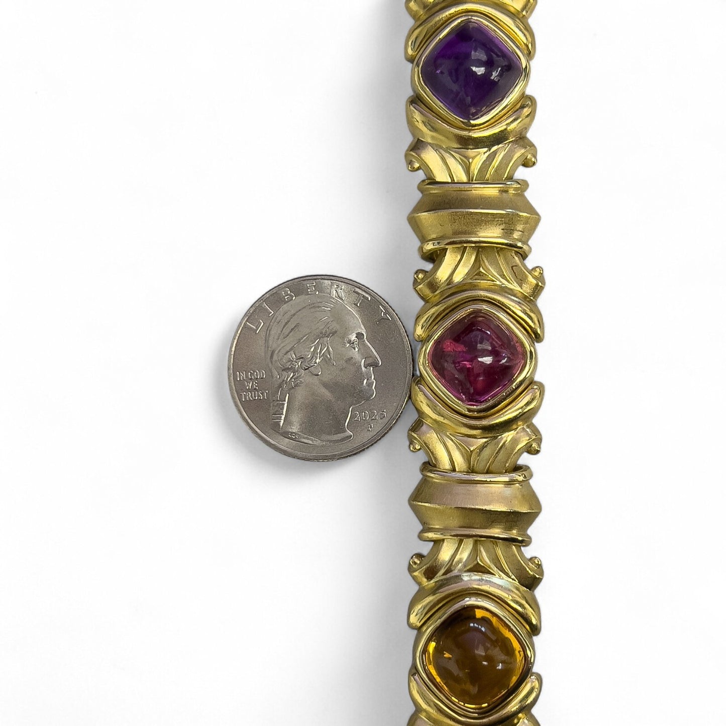 18k Yellow Gold Cabochon Tourmaline Amethyst Topaz Chunky Link Bracelet HEAVY