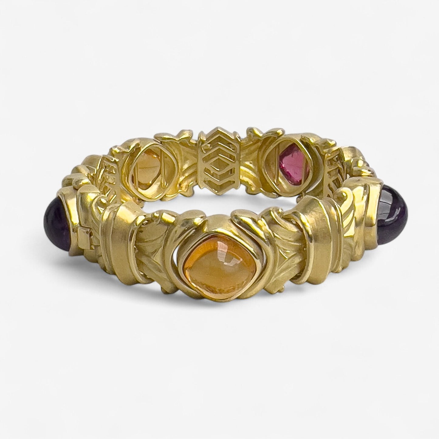 18k Yellow Gold Cabochon Tourmaline Amethyst Topaz Chunky Link Bracelet HEAVY