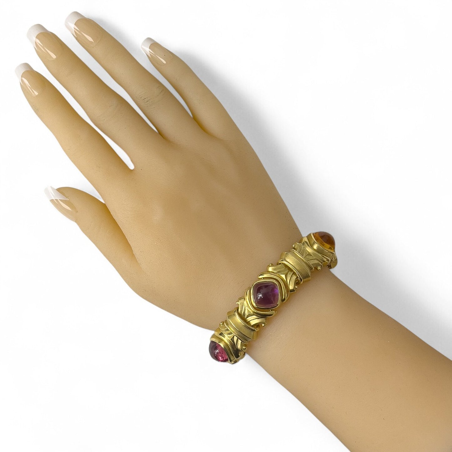 18k Yellow Gold Cabochon Tourmaline Amethyst Topaz Chunky Link Bracelet HEAVY