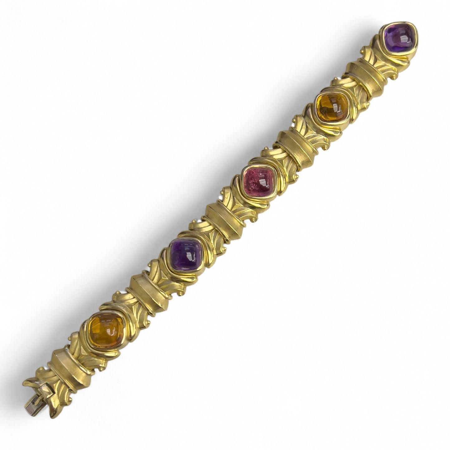 18k Yellow Gold Cabochon Tourmaline Amethyst Topaz Chunky Link Bracelet HEAVY