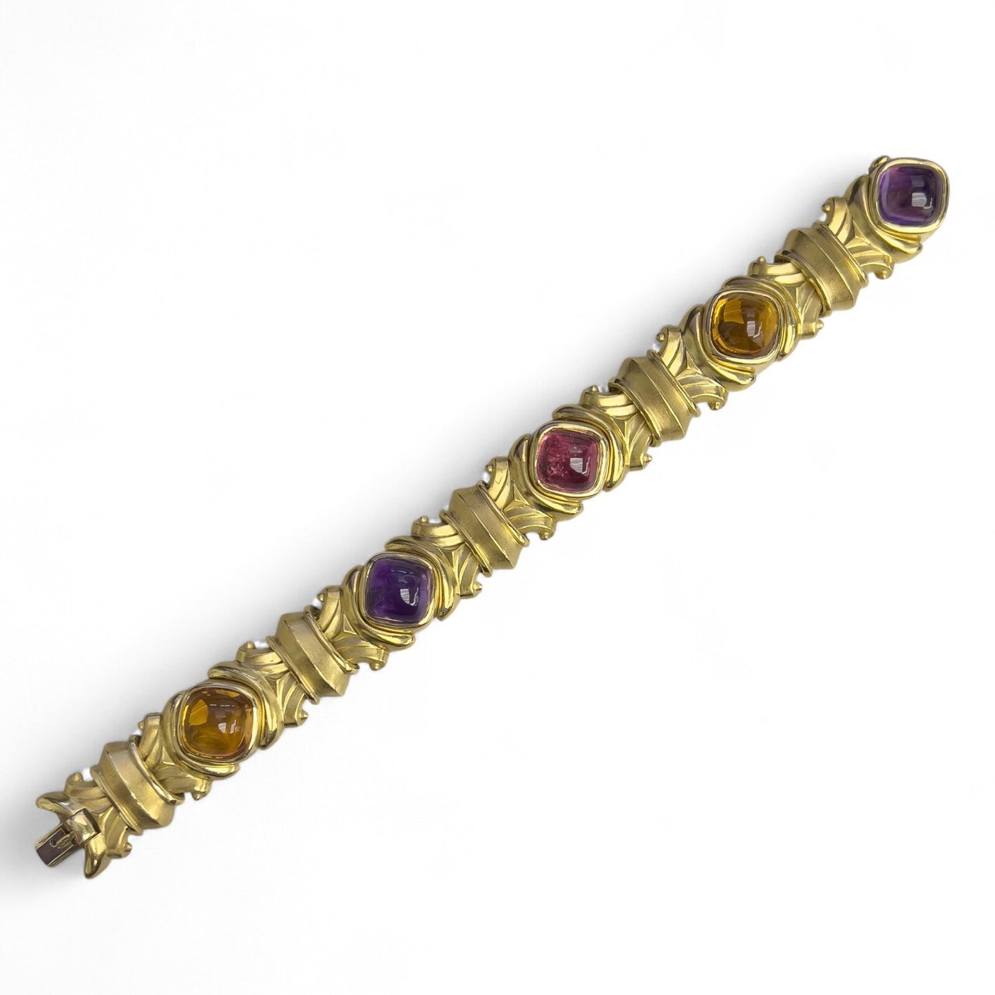 18k Yellow Gold Cabochon Tourmaline Amethyst Topaz Chunky Link Bracelet HEAVY