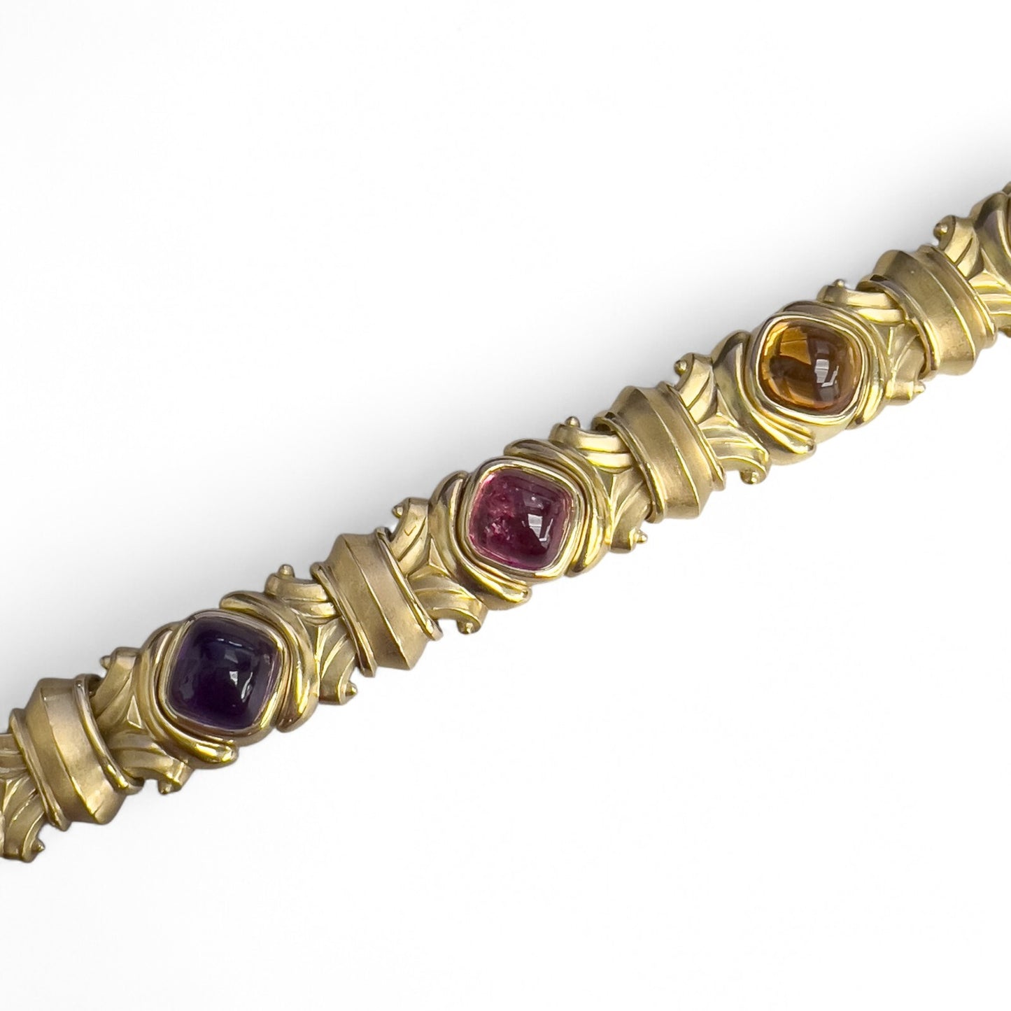 18k Yellow Gold Cabochon Tourmaline Amethyst Topaz Chunky Link Bracelet HEAVY