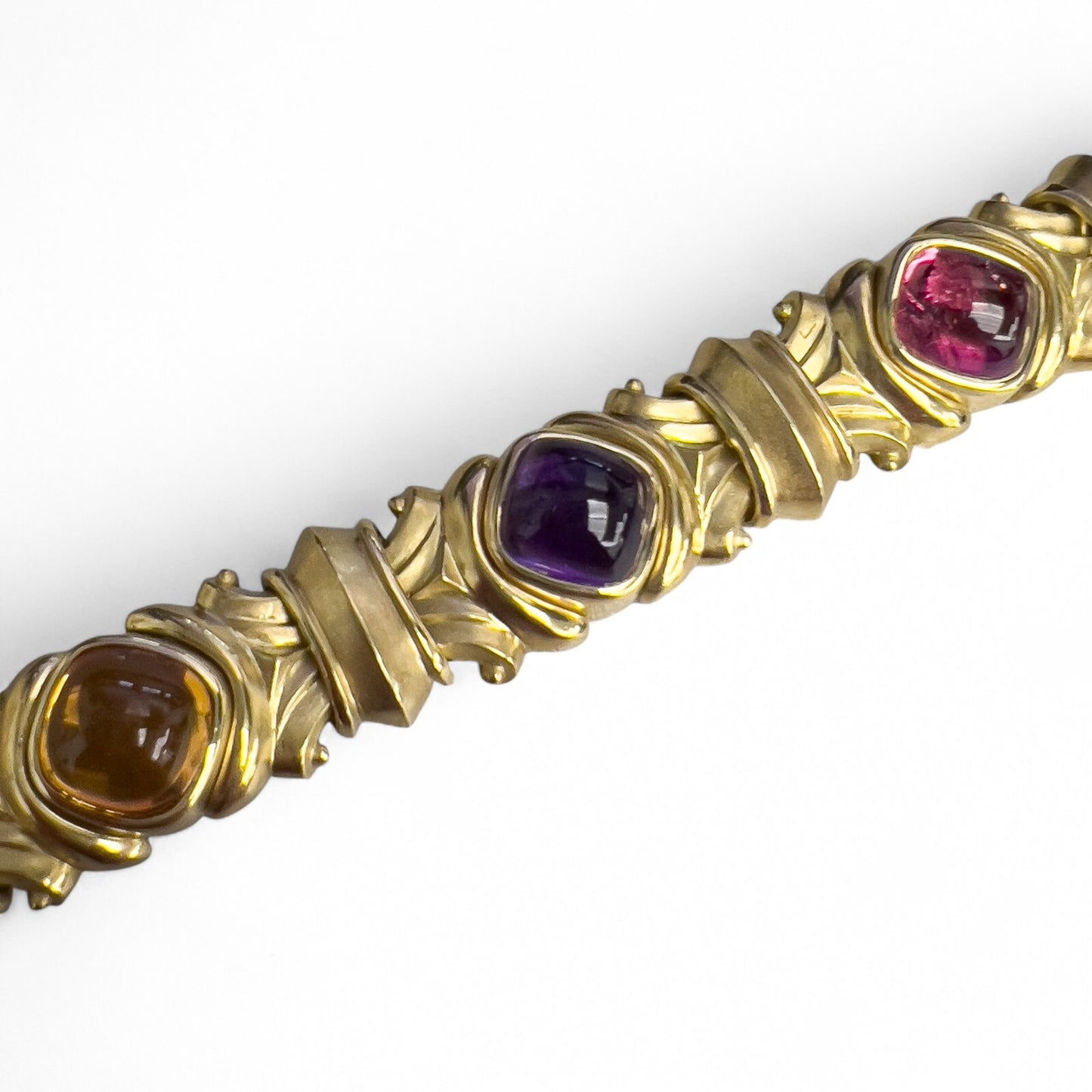 18k Yellow Gold Cabochon Tourmaline Amethyst Topaz Chunky Link Bracelet HEAVY