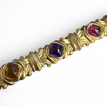 18k Yellow Gold Cabochon Tourmaline Amethyst Topaz Chunky Link Bracelet HEAVY