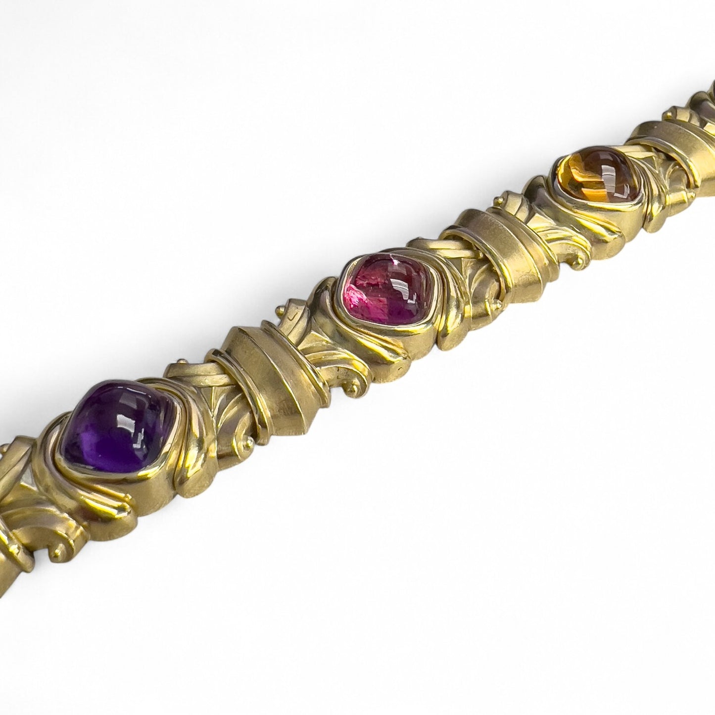 18k Yellow Gold Cabochon Tourmaline Amethyst Topaz Chunky Link Bracelet HEAVY